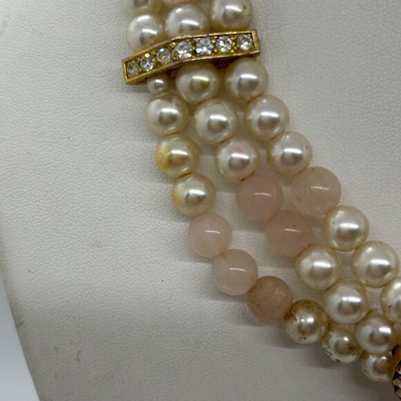 Vintage Faux Pearl & Rose Quartz Triple-Strand Necklace With Rhinestone Accents - Picture 3 of 16